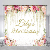 Aperturee - Aperturee Floral Gold Glitter Custom Name 21st Birthday Backdrop